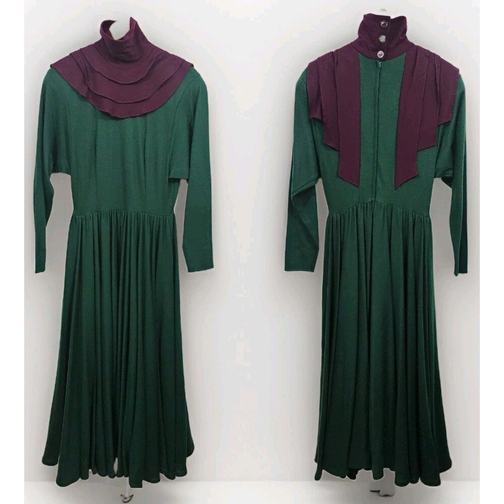 VTG Steven Stolman Midi Dress Green Purple Bib Collar Long Sleeve Avant Garde 10